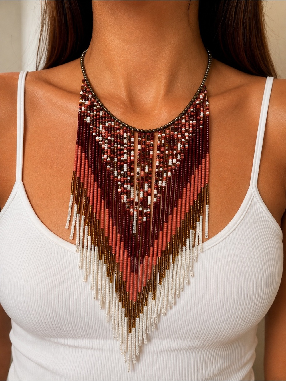 Artisan Boho Seed Bead Fringe Bib Statement Necklace Pink Brown 19.3’' Festival